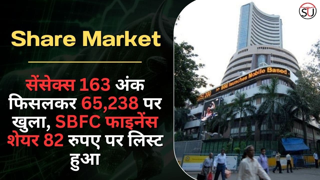 Stock Market में गिरावट:  सेंसेक्स ने 163 अंक की गिरावट के साथ 65,238 पर खुला, SBFC फाइनेंस शेयर 82 रुपए पर लिस्ट हुआ