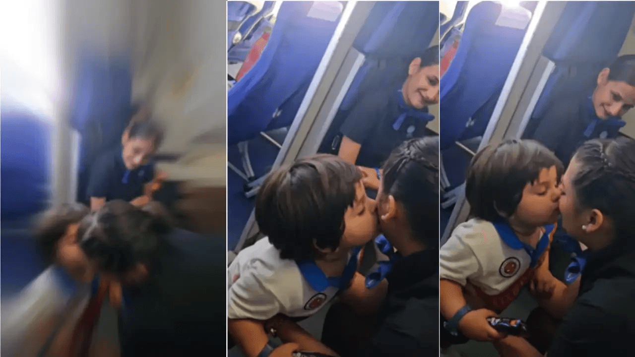 फ्लाइट में बच्चे ने एयर होस्टेस को किया Kiss, मासूमियत ने जीता लोगों का दिल  Viral Video