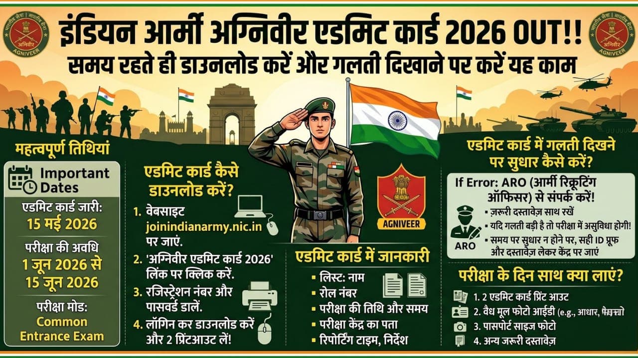इंडियन आर्मी अग्निवीर एडमिट कार्ड 2026 OUT!! समय रहते ही डाउनलोड करें, 'Error' दिखने पर ऐसे करें करेक्शन!!