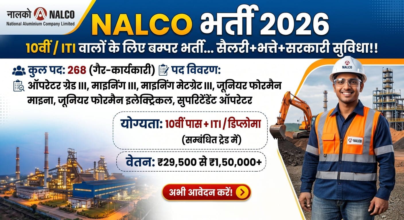 NALCO Non Executive Recruitment 2026: 10 वीं/ ITI वालों के लिए बम्पर भर्ती…सैलरी+भत्ते+सरकारी सुविधा!!