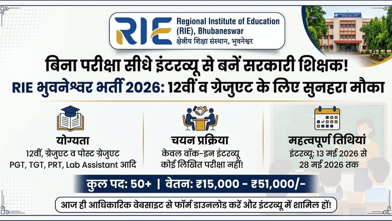 RIE Bhubaneswar Recruitment 2026:  12वीं/ ग्रेजुएशन वालों के लिए बंपर भर्ती…बिना परीक्षा Walk In Interview से सरकारी टीचर की नियुक्ति प्रक्रिया!!