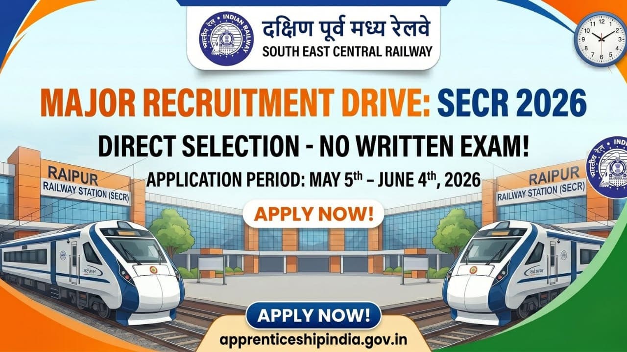 SECR Recruitment 2026 : रेलवे में बिना एग्जाम सीधी भर्ती… 1644 पदों पर मौका जल्द भरें फॉर्म