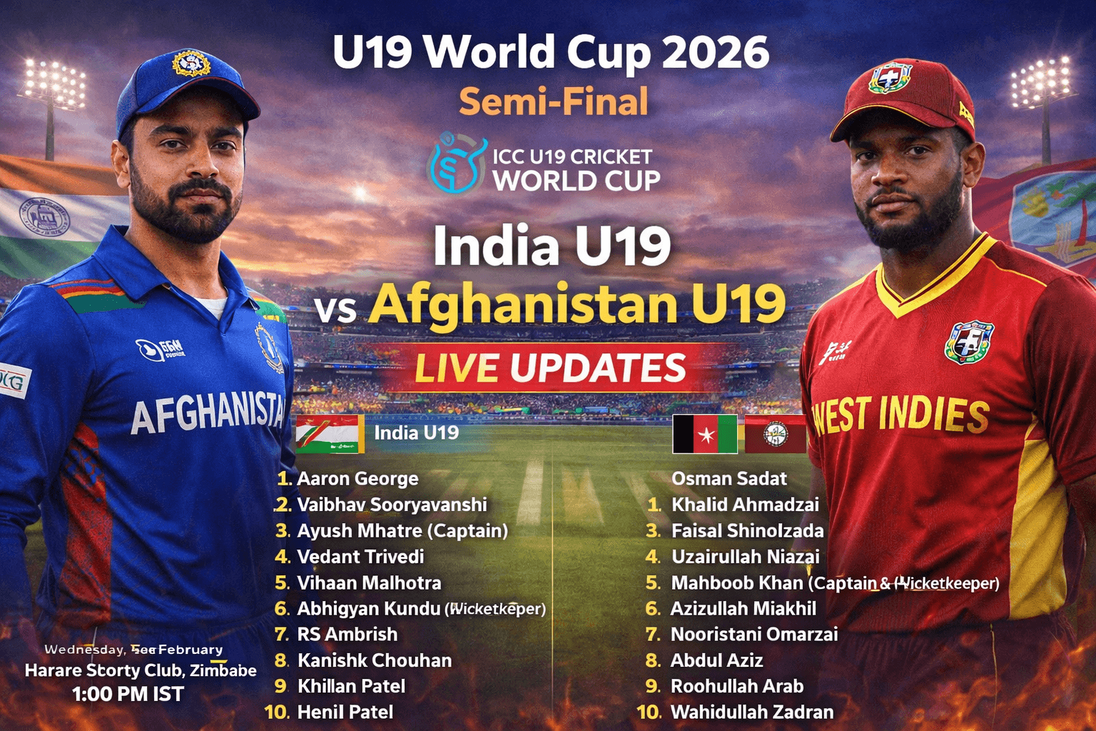 इंडिया vs अफ़ग़ानिस्तान ICC अंडर-19 वर्ल्ड कप 2026: लाइव अपडेट, सेमीफाइनल और प्लेइंग XI इंडिया vs अफ़ग़ानिस्तान ICC अंडर-19 वर्ल्ड कप 2026: लाइव अपडेट, सेमीफाइनल और प्लेइंग XI