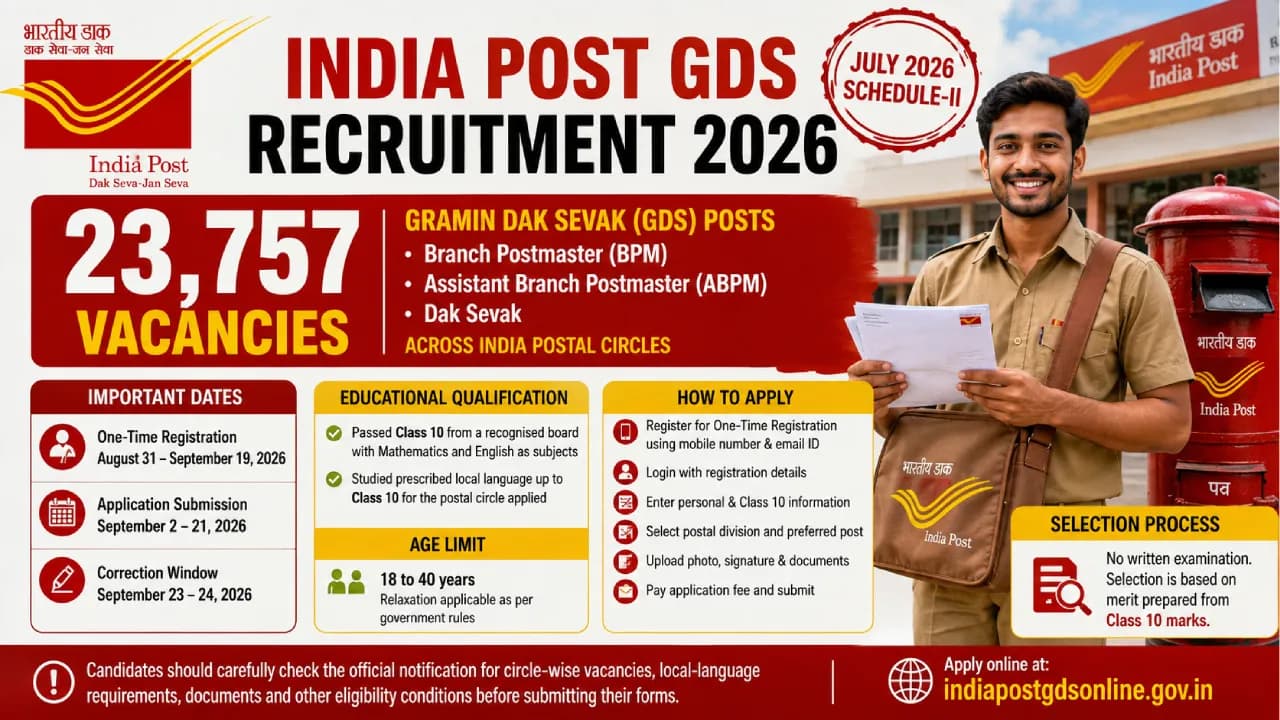 India Post GDS Recruitment 2026: 23,757 पदों पर भर्ती शुरू, 10वीं पास उम्मीदवार ऐसे करें आवेदन India Post GDS Recruitment 2026: 23,757 पदों पर भर्ती शुरू, 10वीं पास उम्मीदवार ऐसे करें आवेदन