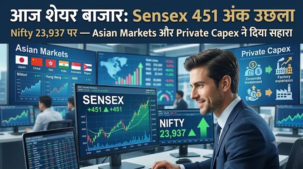 आज शेयर बाजार: Sensex 451 अंक उछला, Nifty 23,937 पर — Asian Markets और Private Capex ने दिया सहारा आज शेयर बाजार: Sensex 451 अंक उछला, Nifty 23,937 पर — Asian Markets और Private Capex ने दिया सहारा