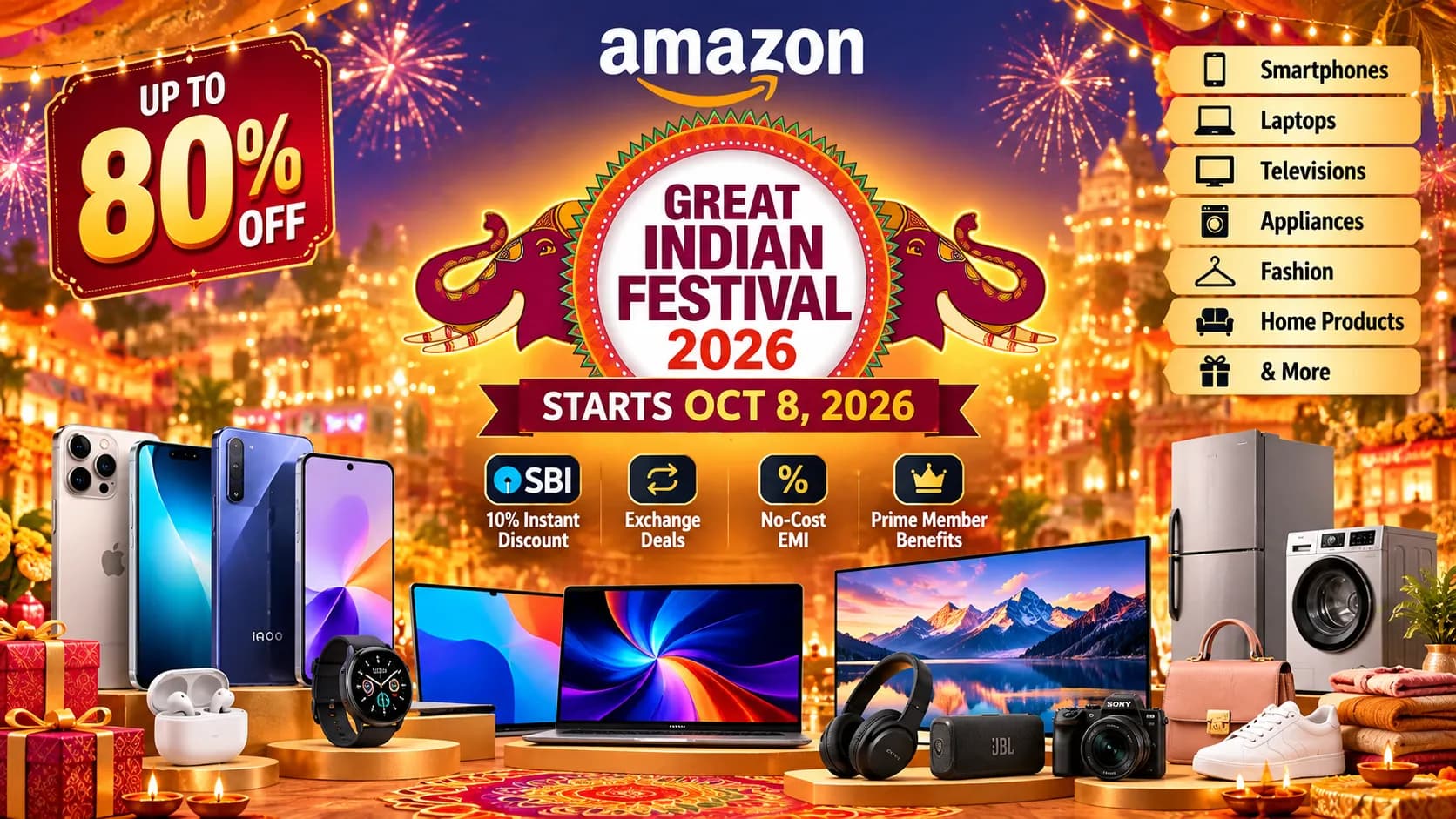 Amazon Great Indian Festival 2026: 8 अक्टूबर से शुरू होगी Sale, Early Deals लाइव; Phones, Laptops और TVs पर क्या मिल रहा है? Amazon Great Indian Festival 2026: 8 अक्टूबर से शुरू होगी Sale, Early Deals लाइव; Phones, Laptops और TVs पर क्या मिल रहा है?
