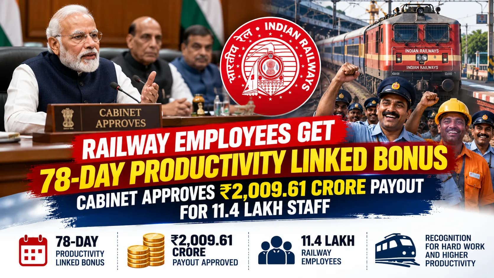 Railway Bonus 2026: 11.40 लाख रेल कर्मचारियों को 78 दिन का बोनस, खाते में आएंगे ₹17,951 Railway Bonus 2026: 11.40 लाख रेल कर्मचारियों को 78 दिन का बोनस, खाते में आएंगे ₹17,951