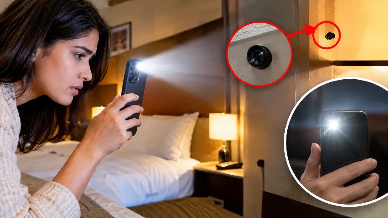 Hotel Room Privacy Tips: क्या होटल के कमरे में छुपा है हिडन कैमरा? फोन के टॉर्च से 1 मिनट में ऐसे लगाएं पता Hotel Room Privacy Tips: क्या होटल के कमरे में छुपा है हिडन कैमरा? फोन के टॉर्च से 1 मिनट में ऐसे लगाएं पता