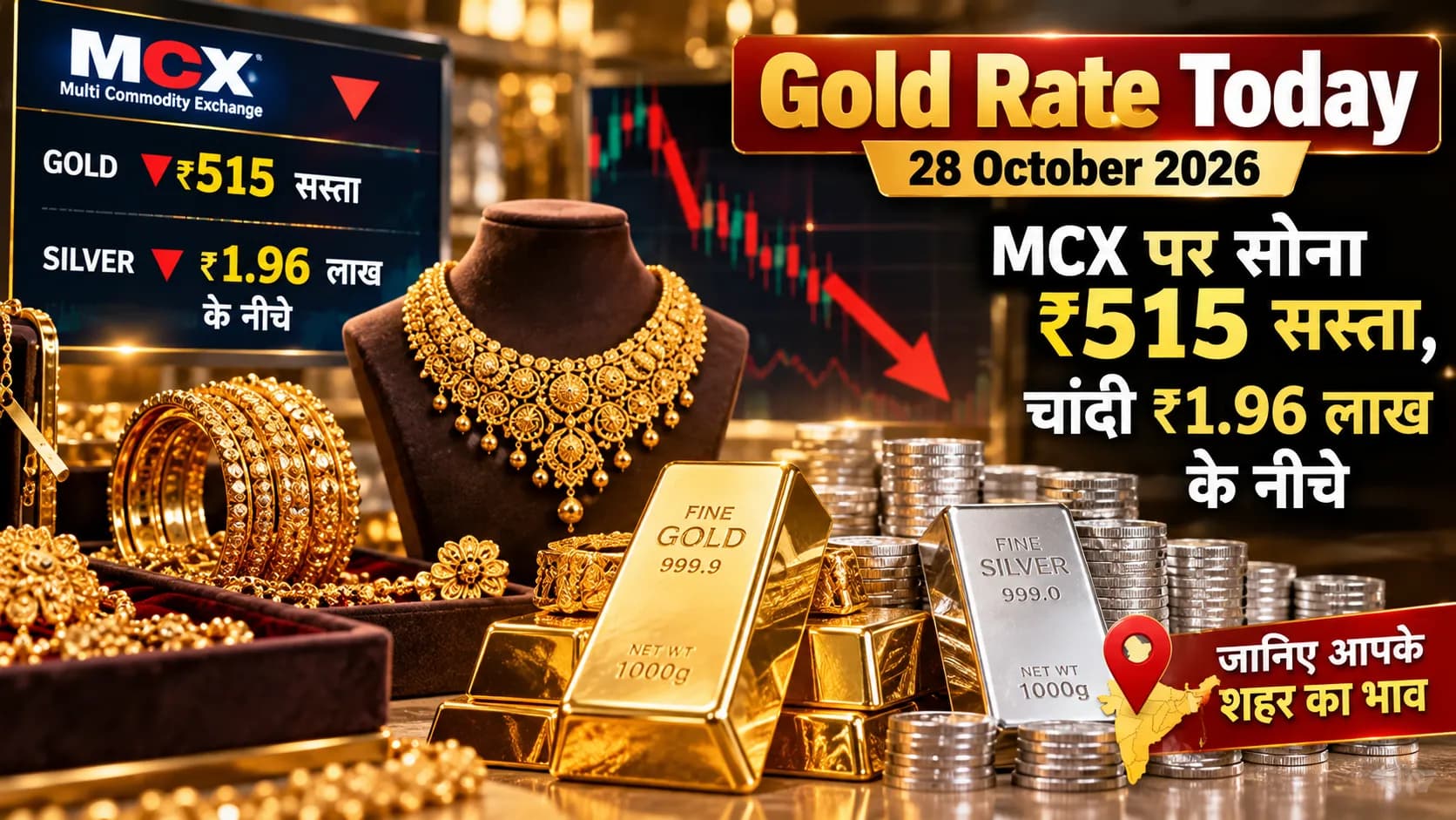 Gold Rate Today 28 October 2026: MCX पर सोना ₹515 सस्ता, चांदी ₹1.96 लाख के नीचे, जानिए आपके शहर का भाव Gold Rate Today 28 October 2026: MCX पर सोना ₹515 सस्ता, चांदी ₹1.96 लाख के नीचे, जानिए आपके शहर का भाव
