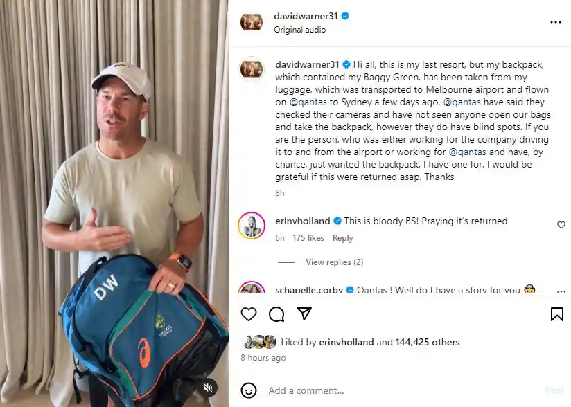 David Warner Backpack Stolen