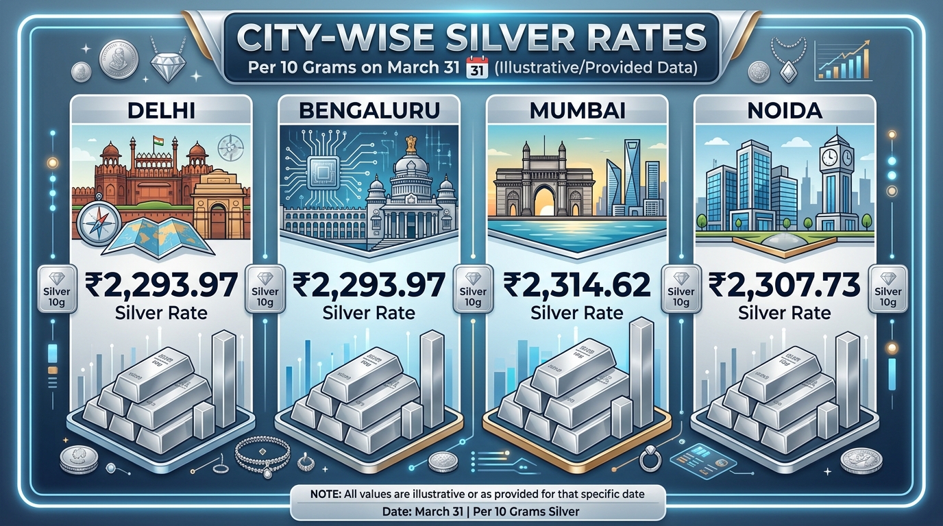 31 मार्च को शहरों के अनुसार चांदी के रेट (प्रति 10 ग्राम)