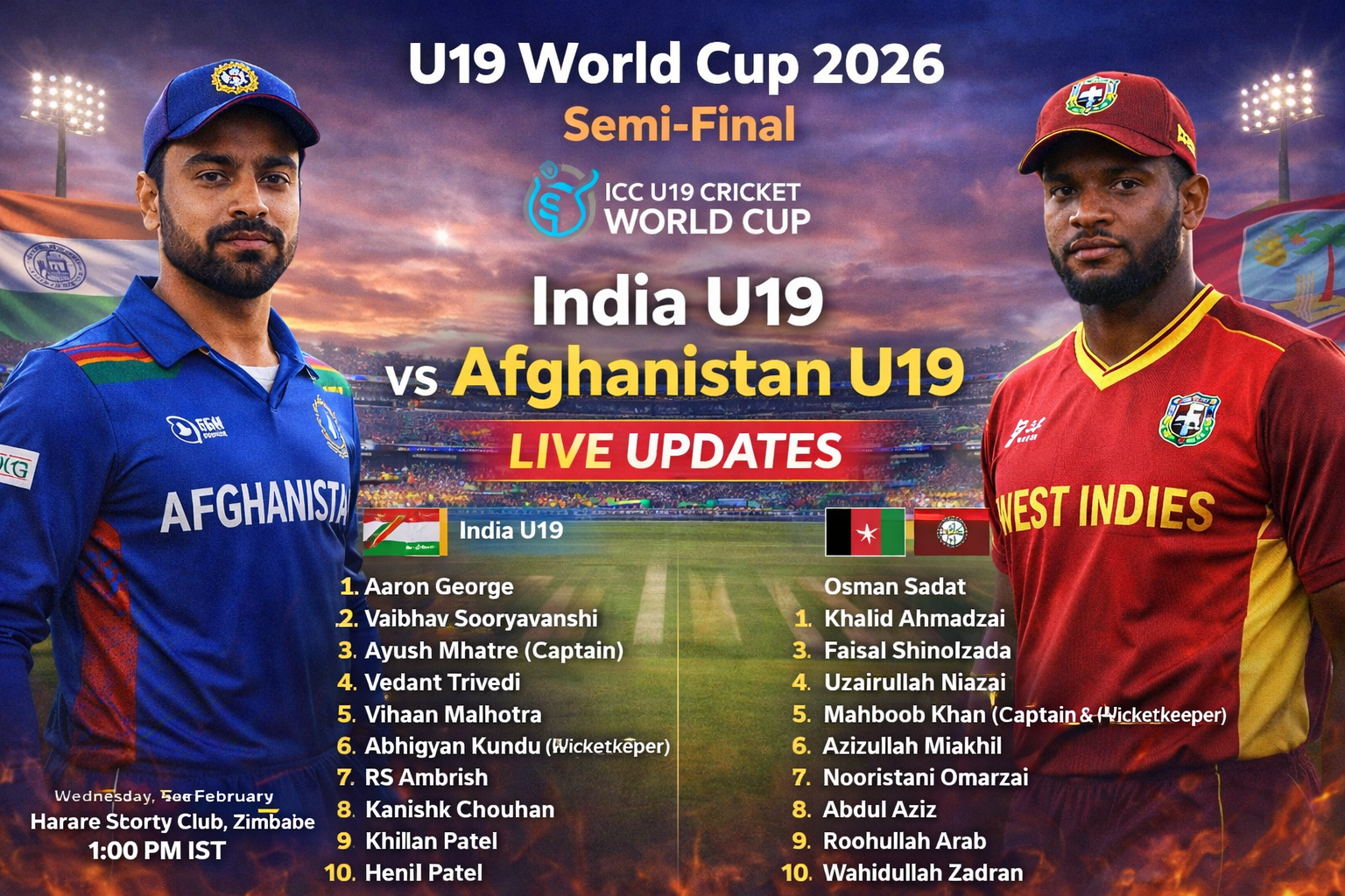 इंडिया vs अफ़ग़ानिस्तान ICC अंडर-19 वर्ल्ड कप 2026: लाइव अपडेट, सेमीफाइनल और प्लेइंग XI