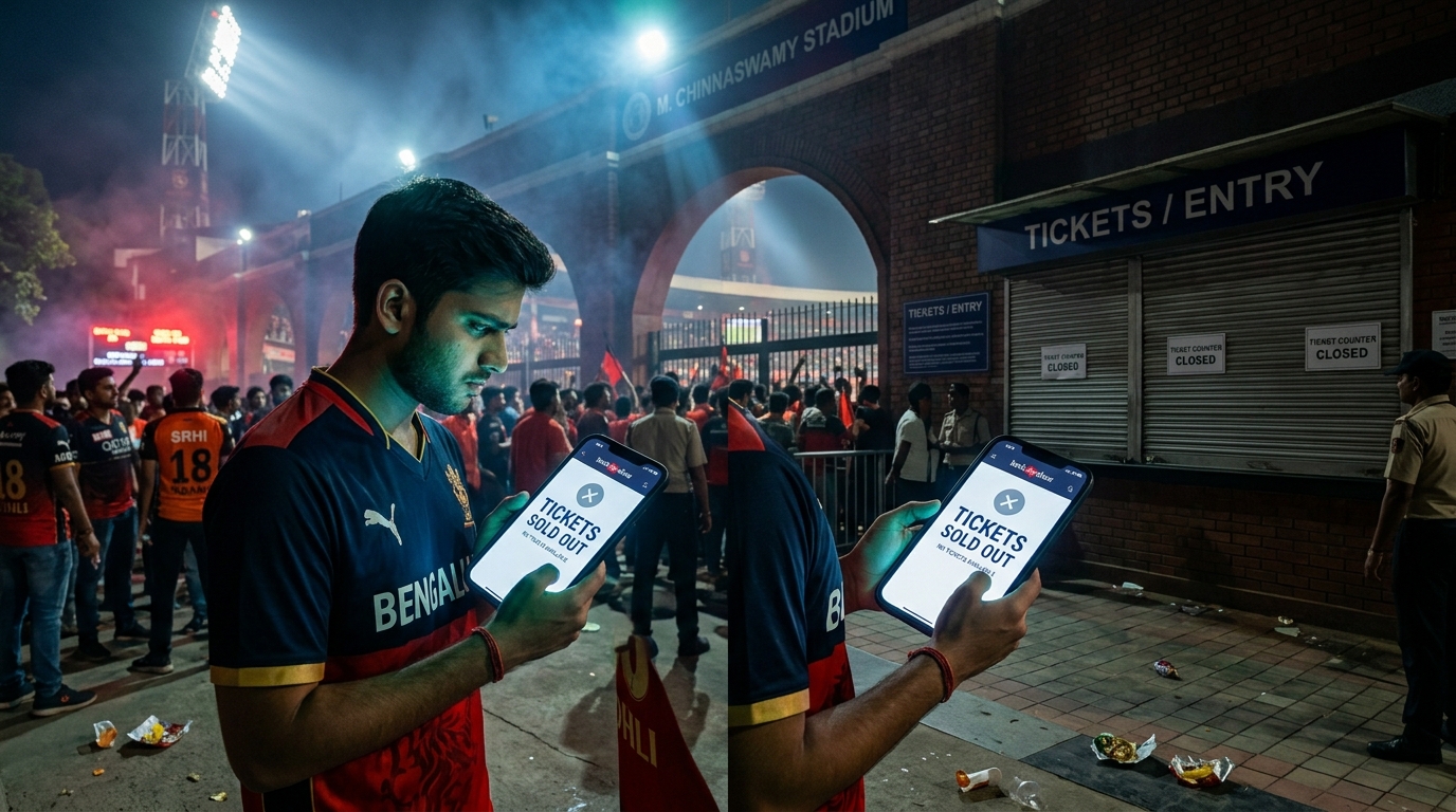 Fan holding sold 202603251723 IPL 2026 टिकट मिनटों में Sold Out: RCB vs SRH मैच बुकिंग फेल, फैंस नाराज़