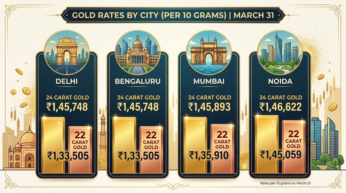 31 मार्च को शहरों के अनुसार गोल्ड रेट (प्रति 10 ग्राम)