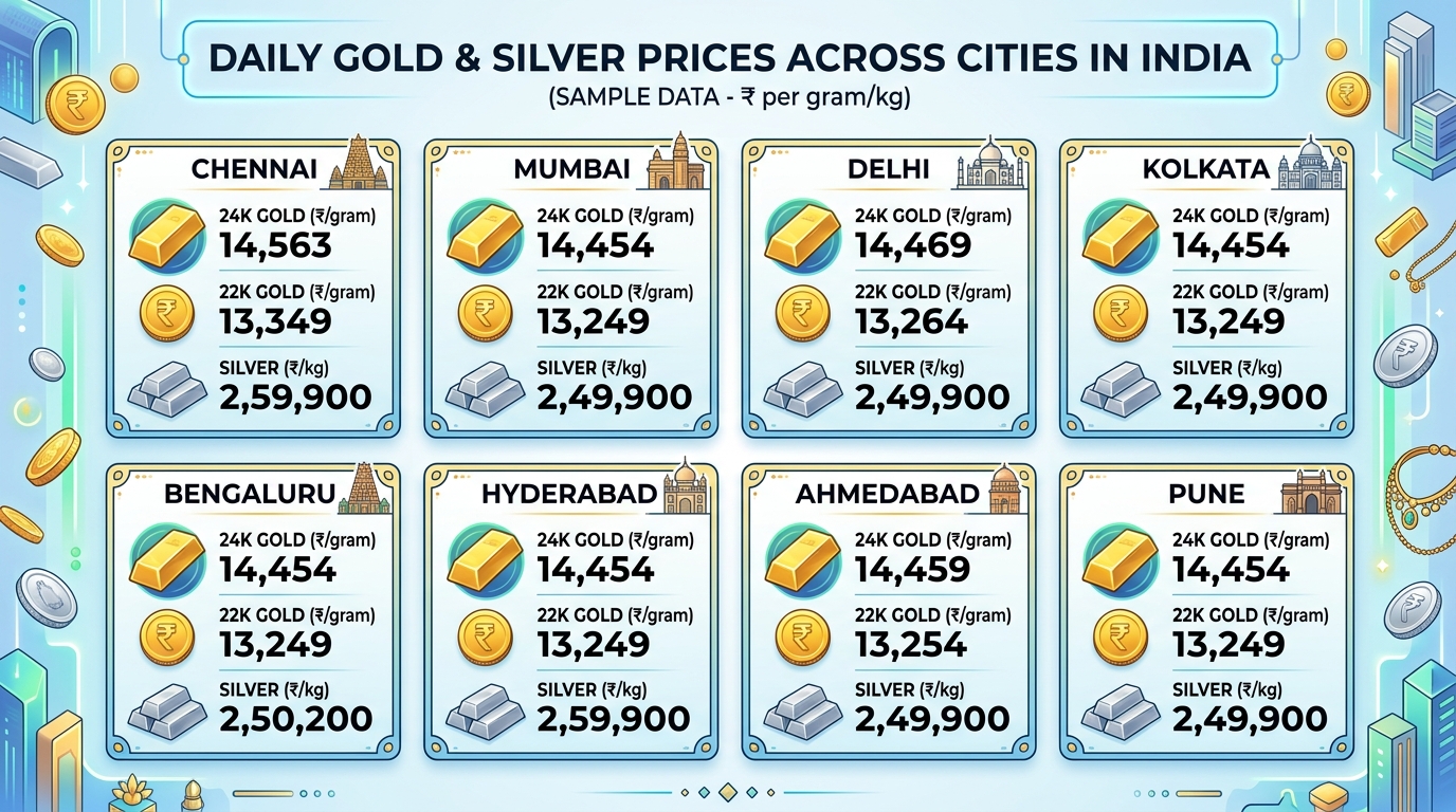 भारत के प्रमुख शहरों में सोने और चांदी के दाम (Gold Silver Price in Major Cities)