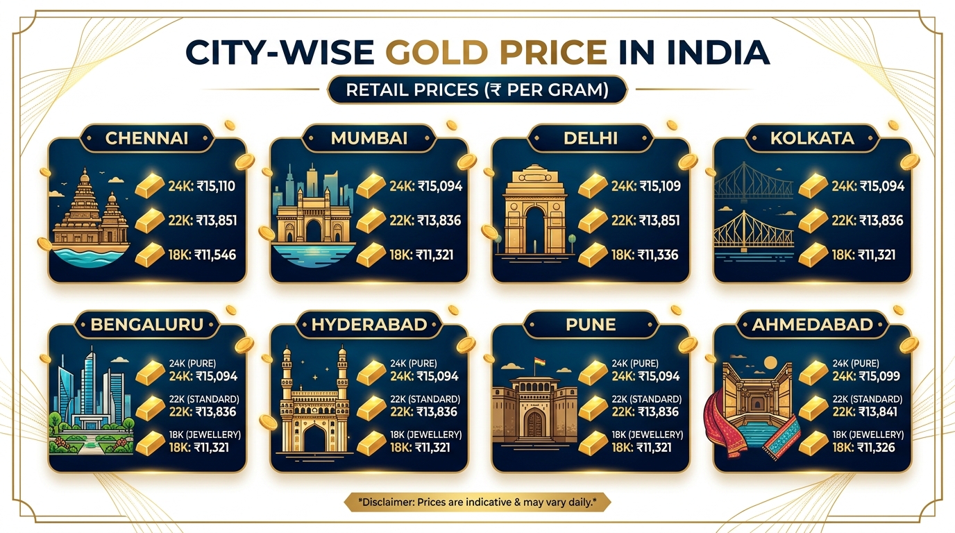 शहर के हिसाब से सोने का भाव (City-wise Gold Price)