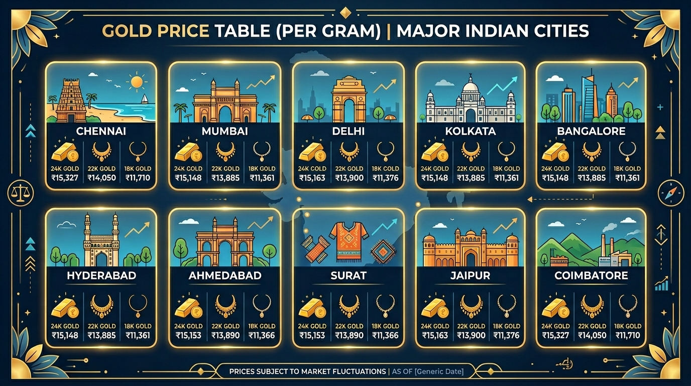 City Wise Gold Rate Today in India (24K, 22K, 18K)