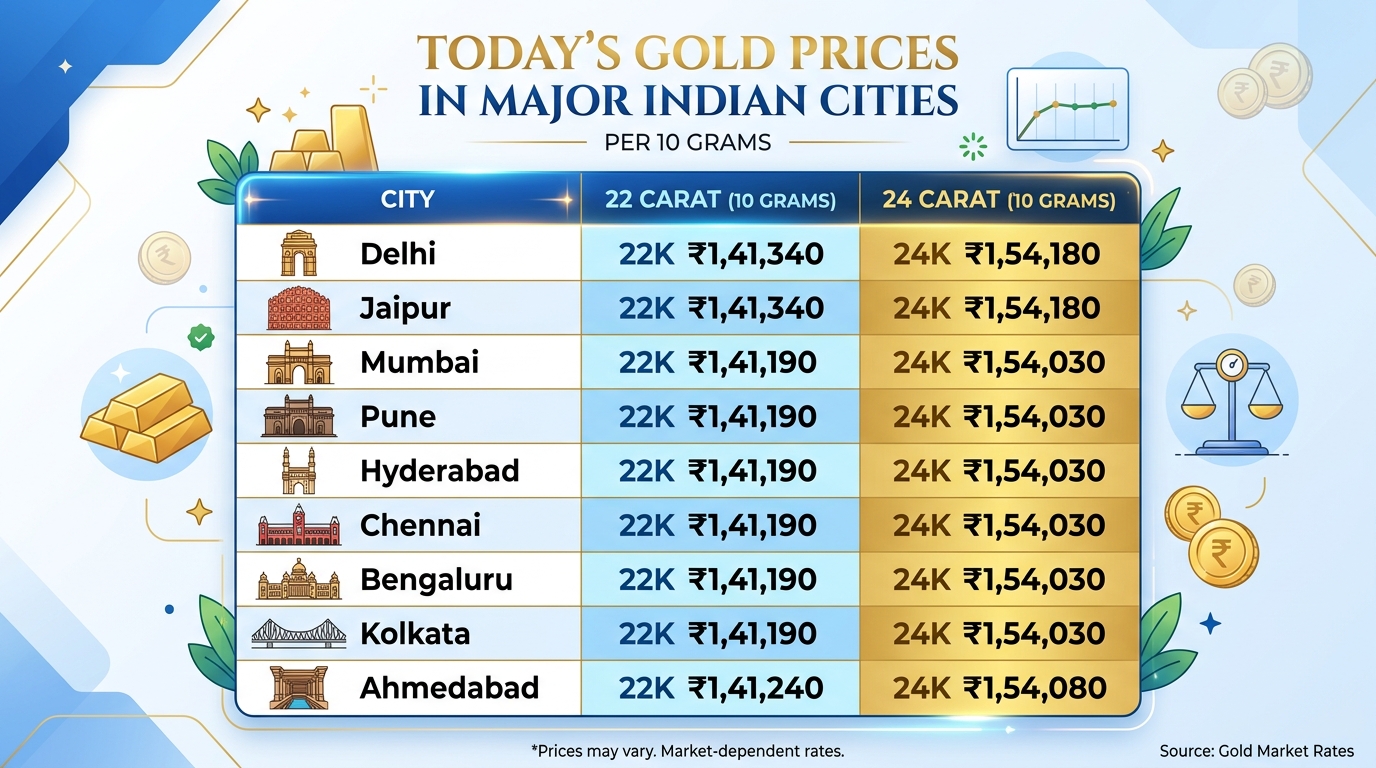 बड़े शहरों में आज का सोना भाव (Delhi, Mumbai, Jaipur आदि)