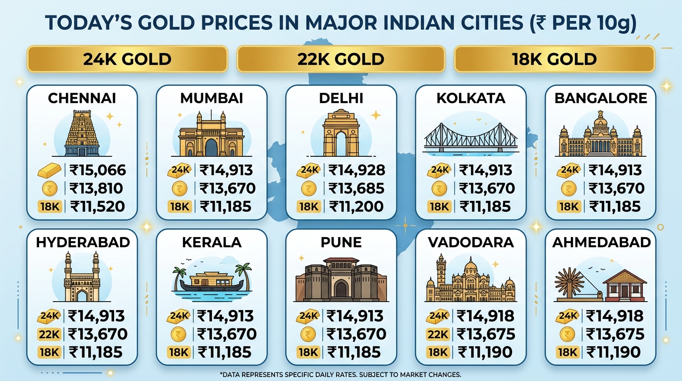 आज का सोना भाव (24K, 22K, 18K) – प्रमुख शहर