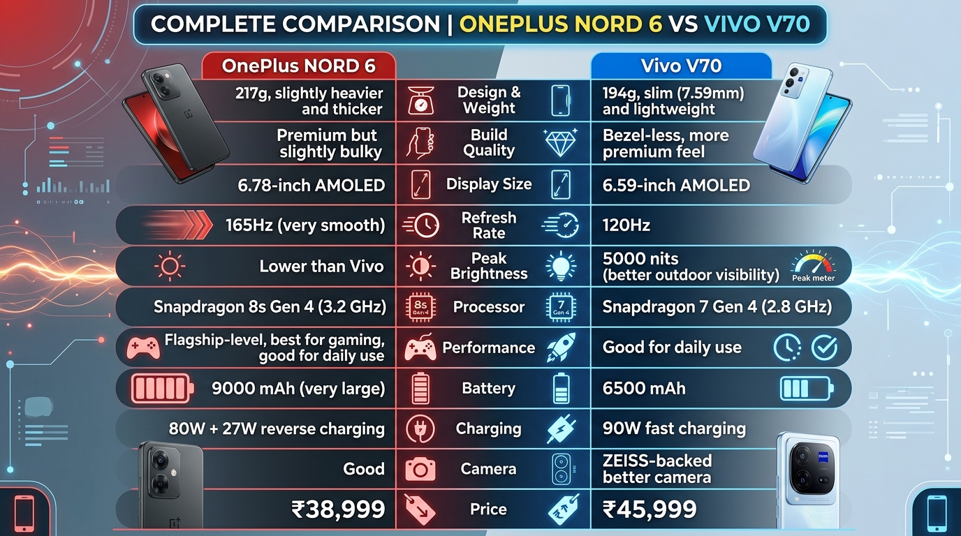 OnePlus Nord 6 vs Vivo V70: पूरा कंपेरिजन