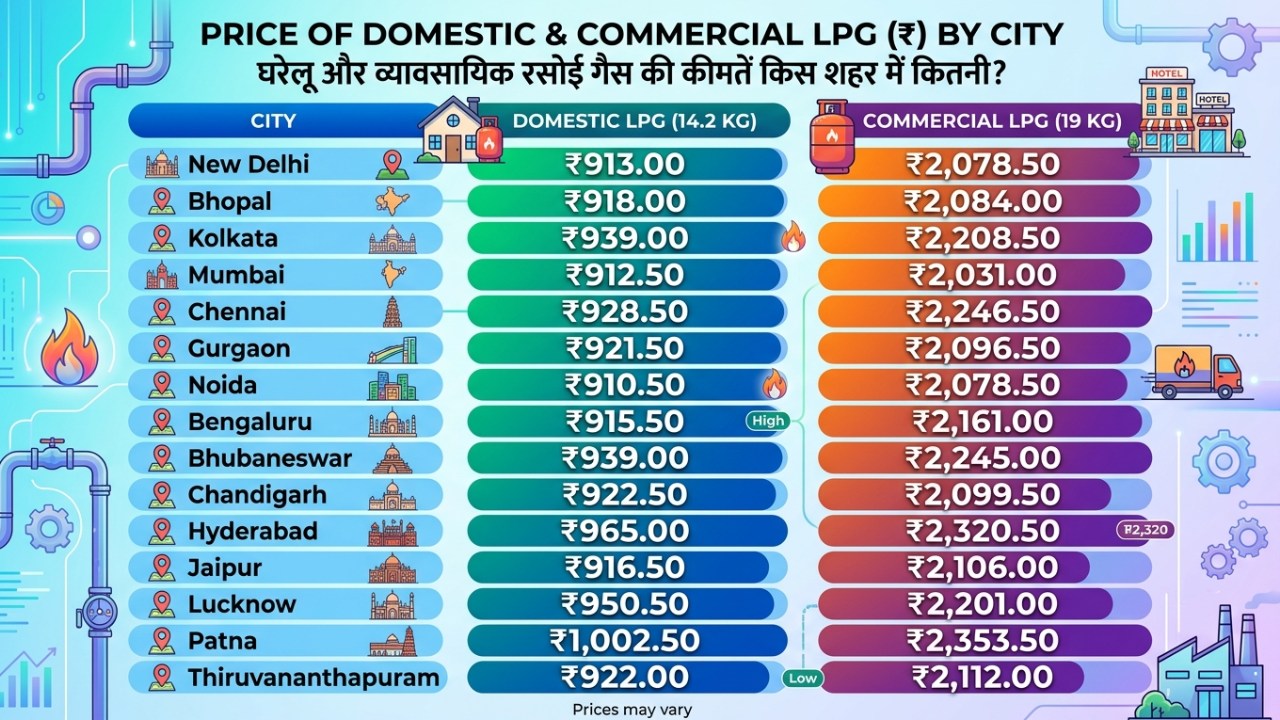 Price of Domestic and Commercial LPG किस शहर में कितनी कीमत?