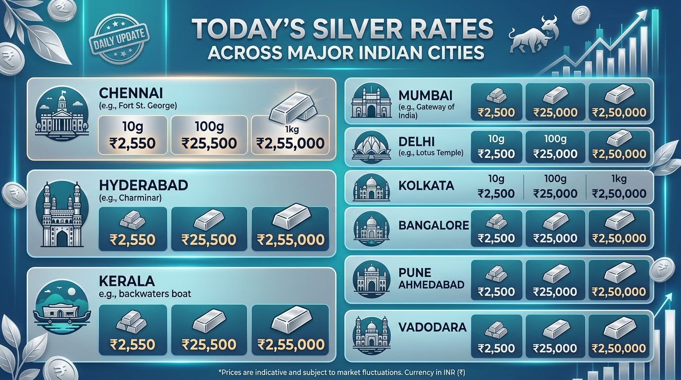 आज का चांदी भाव (10g, 100g, 1kg) – प्रमुख शहर