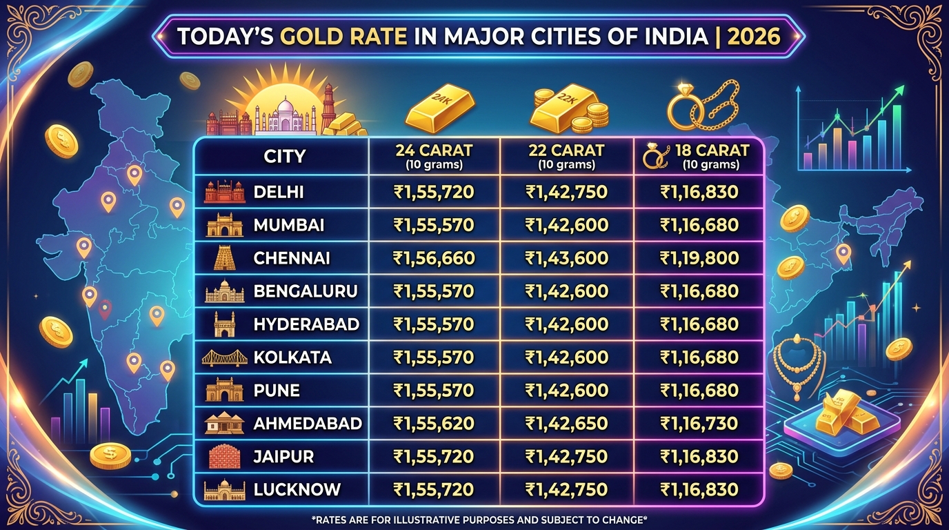 भारत के प्रमुख शहरों में आज का सोने का भाव 2026 (22K, 24K, 18K)