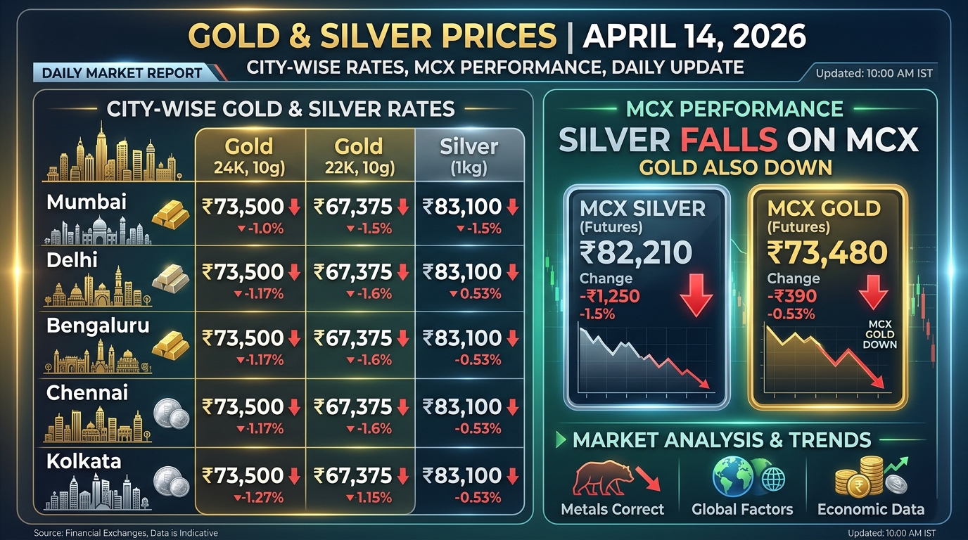 सोने चांदी की 202604141129 सोने और चांदी की कीमतें 14 अप्रैल 2026: शहर-वार दरें, MCX पर चांदी में गिरावट, सोना भी नीचे