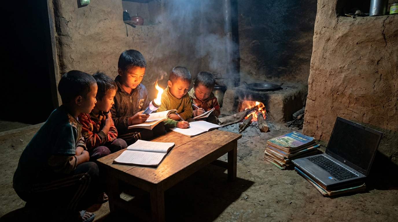 Children study by torchlight 202605251150 अंधेरे में बचपन, धुएं में पढ़ाई