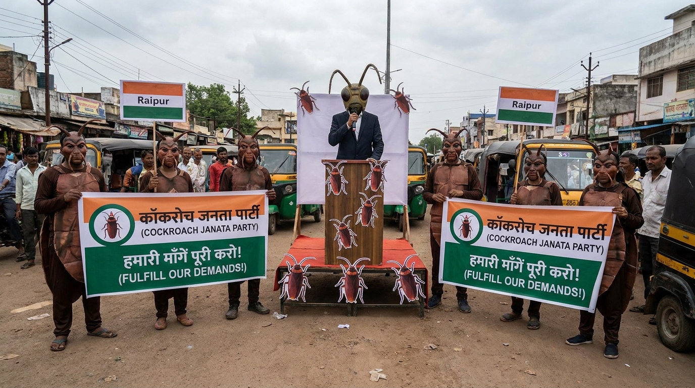 Cockroach Janta Party protest Ra… 202605251138 रायपुर में कॉकरोच जनता पार्टी का अनोखा प्रदर्शन