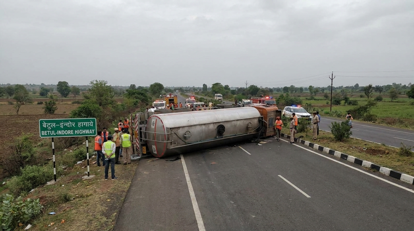 Ethanol tanker overturns highway 202605251138 बैतूल-इंदौर हाईवे पर पलटा एथेनॉल से भरा टैंकर