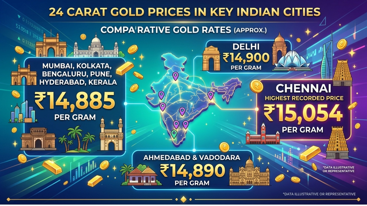 मुंबई, कोलकाता, बेंगलुरु, पुणे, हैदराबाद और केरल में 24 कैरेट सोने का भाव लगभग ₹14,885 प्रति ग्राम रहा। दिल्ली में यह थोड़ा अधिक होकर ₹14,900 प्रति ग्राम दर्ज किया गया। चेन्नई में सबसे ऊंचे स्तरों में से एक कीमत दर्ज हुई, जहां 24 कैरेट सोना ₹15,054 प्रति ग्राम तक पहुंचा। वहीं अहमदाबाद और वडोदरा में सोने का भाव ₹14,890 प्रति ग्राम के आसपास रहा।