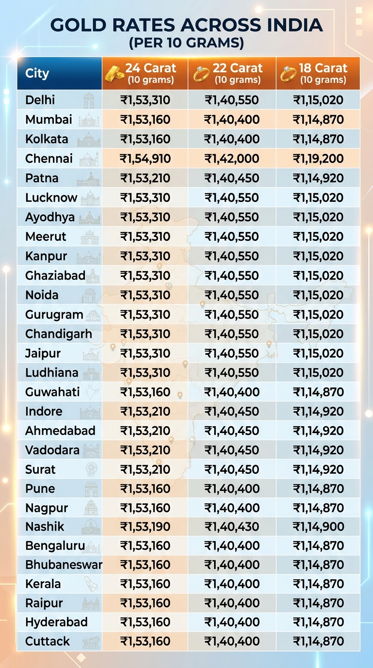 gold prices by city 202606101245 दिल्ली, मुंबई, चेन्नई समेत प्रमुख शहरों में सोने के ताजा भाव